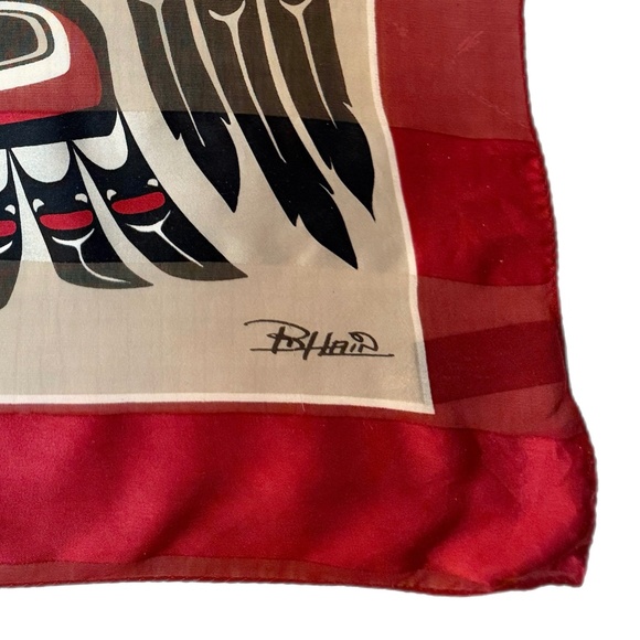 Bill Helin Indigenous Art Silk Scarf – Red & Black – 19” x 56” - Picture 7 of 10